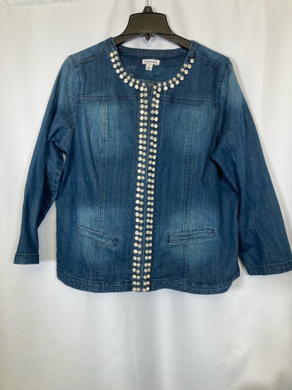 Joan Rivers XL Embellished Denim Jacket Pearl Rhinestone Trim Glamour Western